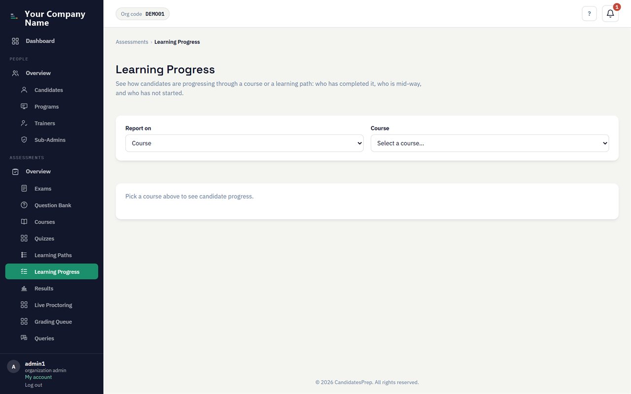 Learning and exam analytics: completion, pass rates and per-topic performance.