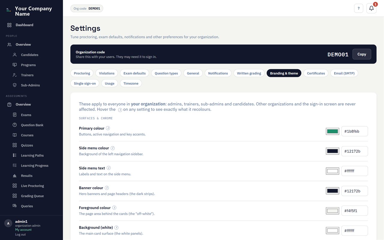 Branding settings: logo and colour tokens applied across the platform.