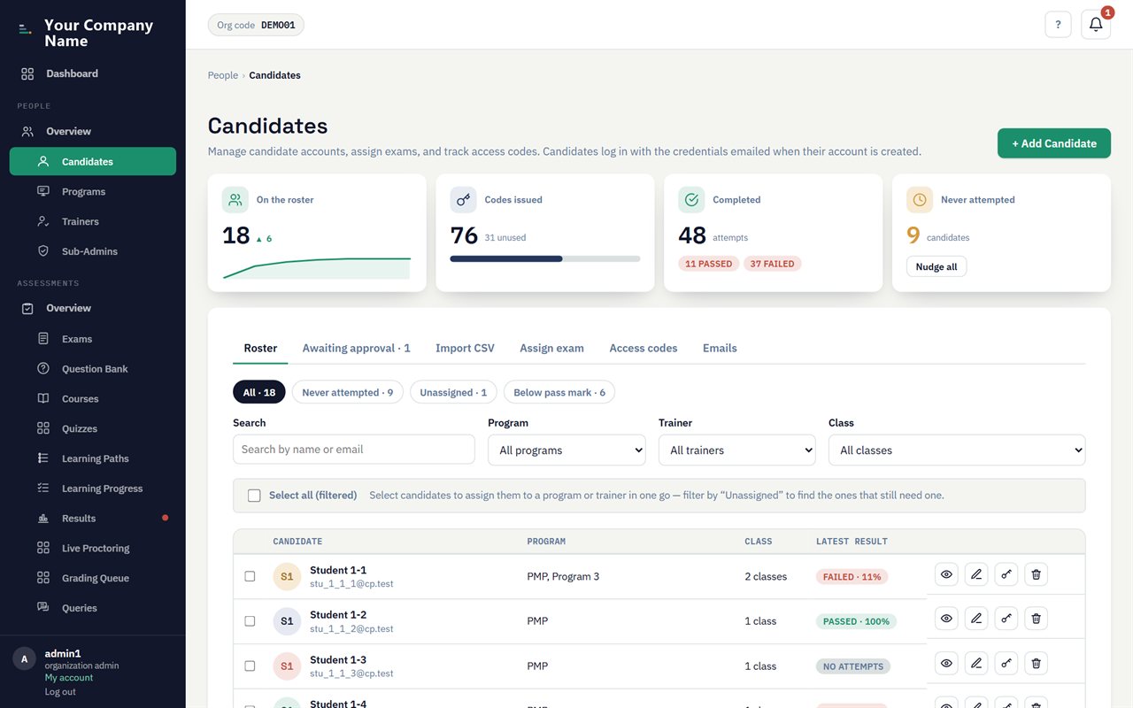 Candidate management: a roster with bulk import, programs and classes.