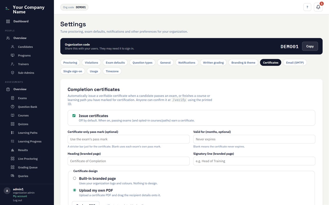 The certificate designer: an uploaded template with fields placed on it.