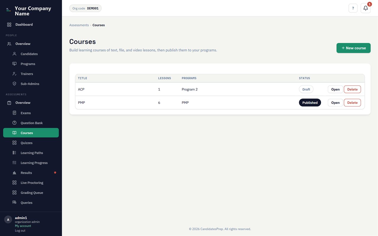 The course library: video lessons, embedded quizzes and learning paths.