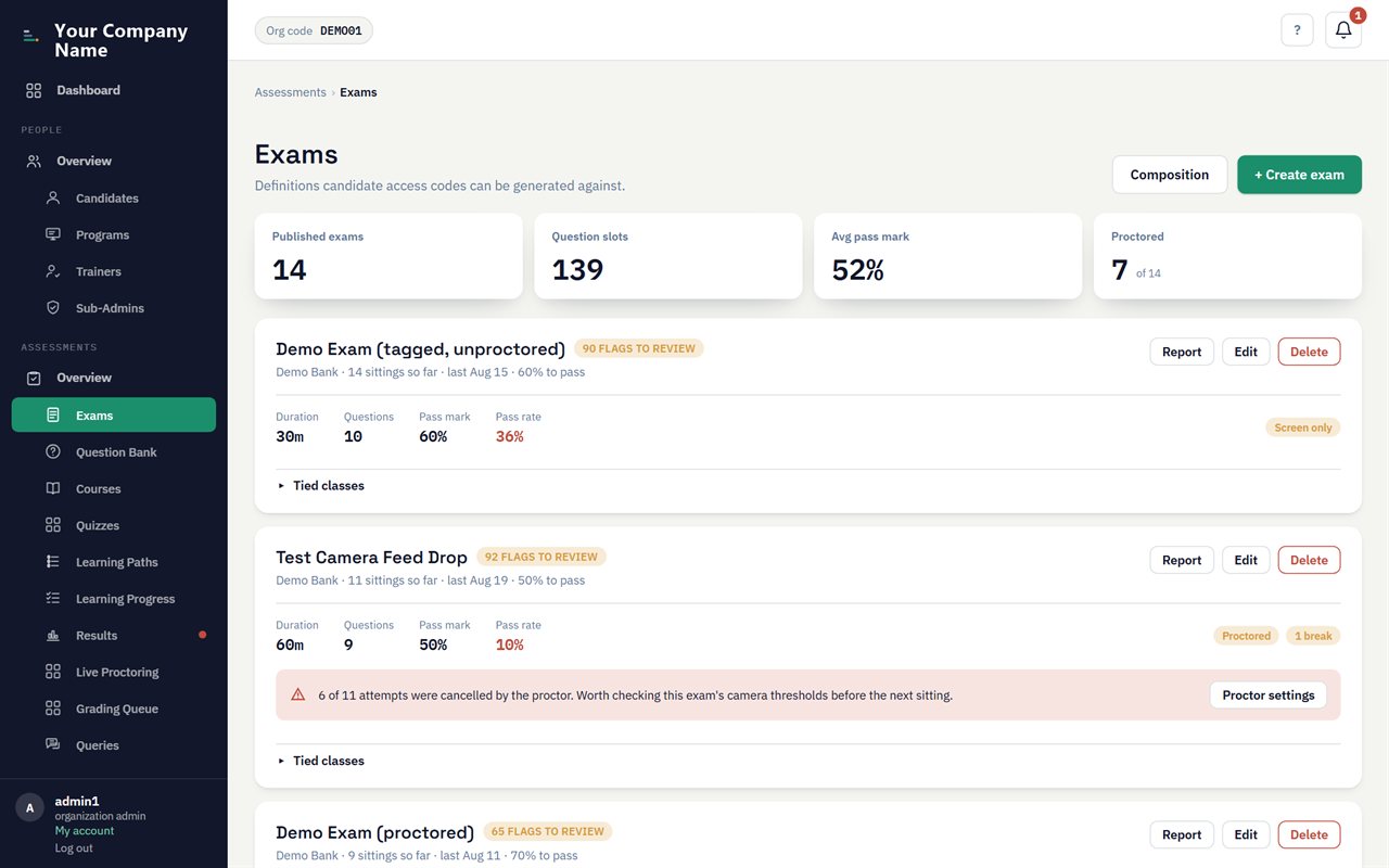 The exam builder: durations, pass marks, breaks and blueprint weighting.