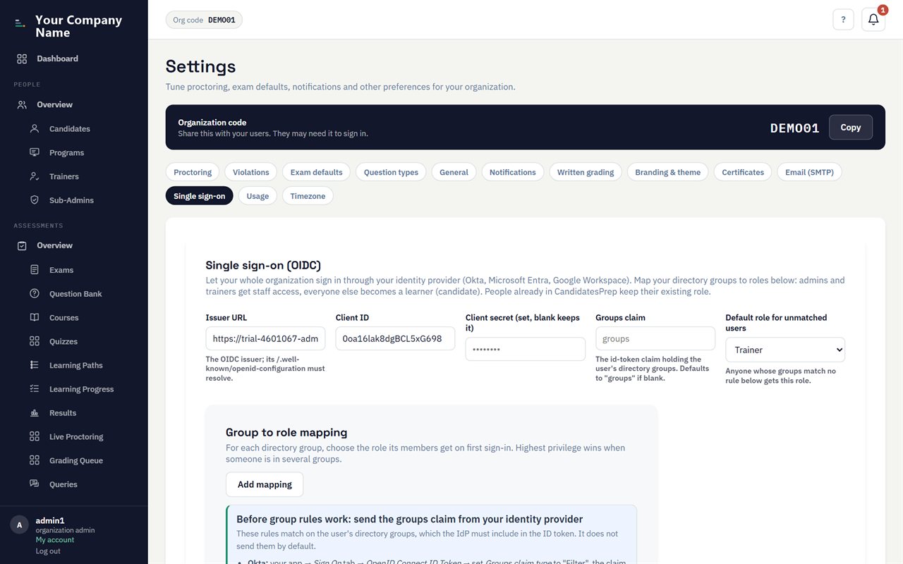 Single sign-on settings: identity provider and group-to-role mapping.